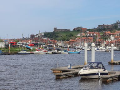 A marina with boats docked and red-roofed buildings on a hillside in the background at Esk Retreat in Whitby