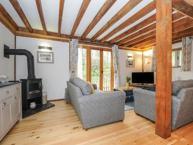 A living room with two gray sofas a black stove a wooden coffee table and a television at Stow Cottage in Davidstow near Camelford