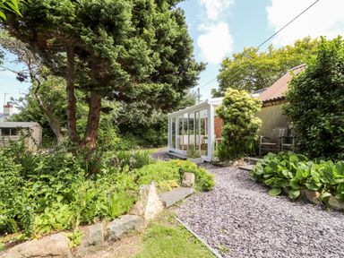 A garden path with plants and trees leading to a glass conservatory and wooden chairs at Morawel in Newport Pembrokeshire