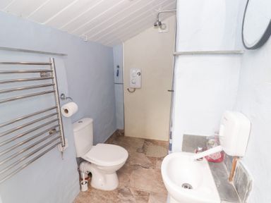A bathroom with a toilet sink shower and heated towel rail at Morawel Newport Pembrokeshire