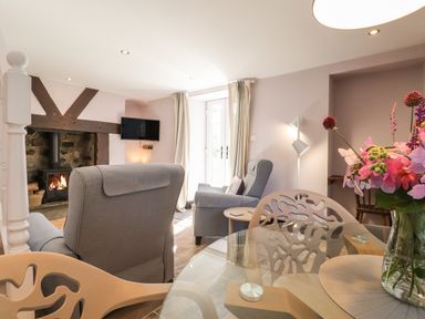 A living room with armchairs fireplace television and flowers on a glass table at Morawel Fach in Newport Pembrokeshire