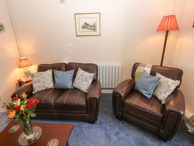 A living room with two brown leather sofas cushions a floor lamp and a side table with a table lamp at Ty Coch y Castell in Pembroke