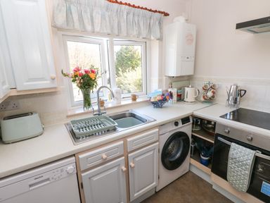 A kitchen with a sink toaster washing machine oven and kettle with flowers on the windowsill at Ty Coch y Castell in Pembroke