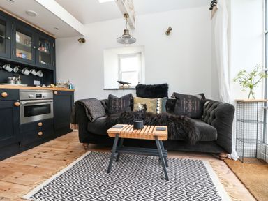 A living area with a black sofa and cushions a wooden coffee table and a kitchen unit with an oven at Rocket Cart House in Lizard