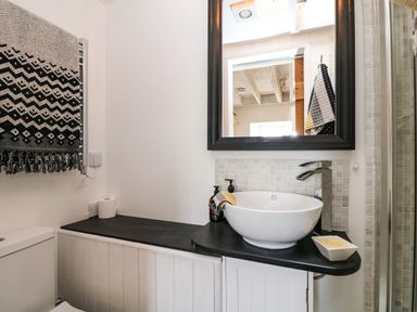 A bathroom with a sink on a black countertop a mirror above and a patterned towel at Rocket Cart House in Lizard
