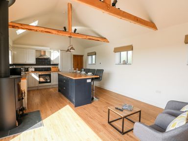 An open plan kitchen and living area with wooden beams a kitchen island and a wood stove at Glowty Brynbedw in Efailwen