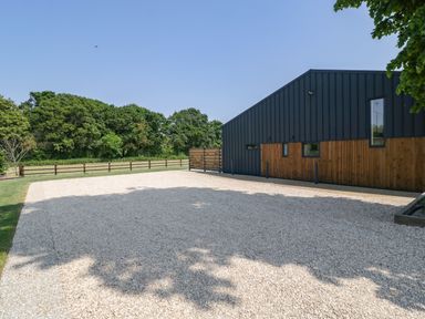 A gravel driveway next to a modern building with wood and metal exterior near trees and a wooden fence at Tilia Barn in Wincanton