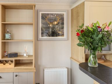 A kitchen corner with wooden shelves a bottle of gin a framed picture of a stag and a vase of flowers on a counter at Sea Holly Lodge in Runswick Bay