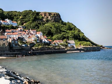 A coastal village with houses by the sea and a hill covered with greenery at Sea Holly Lodge in Runswick Bay