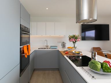 A kitchen with grey and white cabinets a sink cutting board with food and a flat stove at Sea Sands in Praa Sands