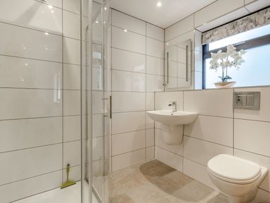 A bathroom with a shower enclosure sink toilet and window with flowers at Secret Kingdom Cottage in Warkworth