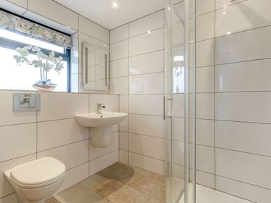 A bathroom with a toilet sink shower a window with a flower pot and a mirror at Secret Kingdom Cottage in Warkworth