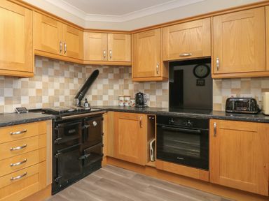 A kitchen with wooden cabinets black appliances and tiled backsplash at Silver Crooks in Trewyn Nr Holsworthy
