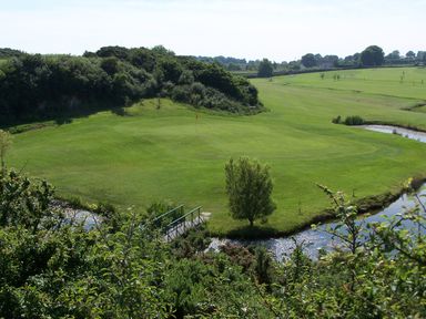 A golf course green with a flag and a small bridge over a stream surrounded by trees and grass at 4 Parc Delfryn in Brynteg near Benllech