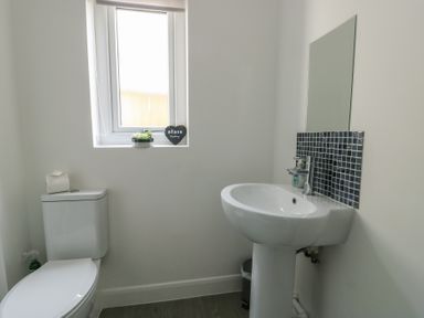 A bathroom with a toilet a pedestal sink a mirror a window and a small plant at 4 Parc Delfryn Brynteg near Benllech