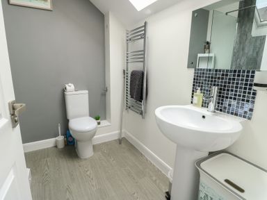 A bathroom with a toilet, pedestal sink, towel radiator, toothbrush holder, and small plant at 4 Parc Delfryn Brynteg near Benllech
