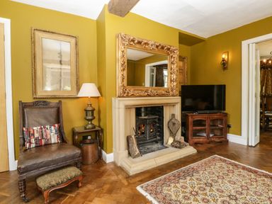 A living room with a fireplace mirror television chair lamp and rug at Valley House in Devizes