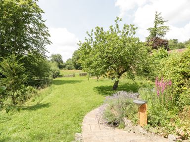 A garden with a green lawn trees and flowers near stone steps at Valley House in Devizes