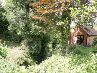 A small brick building near a narrow stream surrounded by dense greenery and trees at Valley House in Devizes