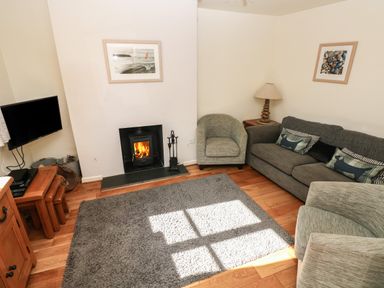 A living room with a fireplace armchairs a sofa cushions a lamp television and a rug at Oysterbank Cottage in Llangwm Pembrokeshire