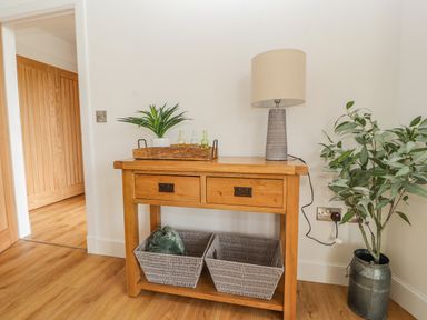 A wooden console table with a plant, bottles on a tray, a lamp and wicker baskets next to a potted plant at Pen Bryn in Cyffylliog near Ruthin