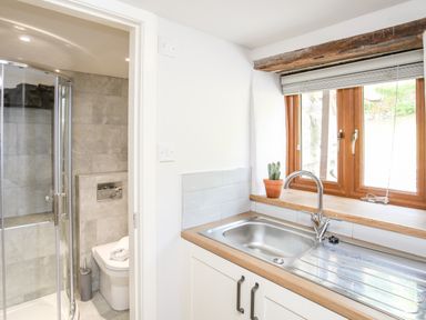 A kitchen area with a stainless steel sink and wooden countertop next to a bathroom with a shower and toilet at Hafotty Gelynen in Maerdy near Corwen