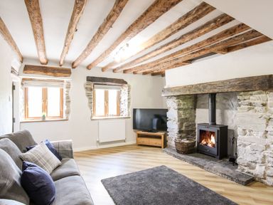 A living room with wooden ceiling beams a gray sofa wood burning stove and a television on a stand at Hafotty Gelynen Maerdy near Corwen