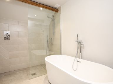 A bathroom with a freestanding bathtub and a walk-in shower with glass partition at Hafotty Gelynen in Maerdy near Corwen