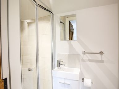 A bathroom with a shower cabin sink with faucet mirror towel rail and toilet paper holder at Hafotty Gelynen Maerdy near Corwen
