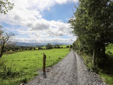 A gravel path alongside green fields and trees under a partly cloudy sky at Woodland Pod in Maerdy near Corwen