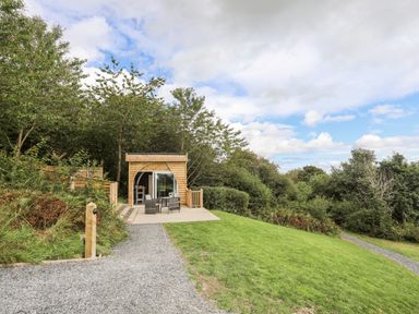 A wooden pod with outdoor chairs on a patio surrounded by grass and trees at Woodland Pod Maerdy near Corwen