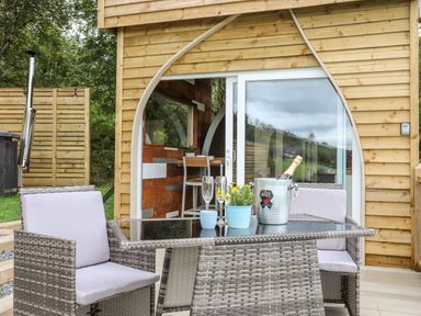 An outdoor patio with a wicker table and chairs champagne in an ice bucket and plants at Woodland Pod Maerdy near Corwen