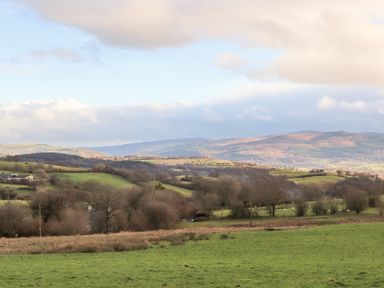 A landscape of green fields with scattered trees and hills in the background at Woodland Pod Maerdy near Corwen