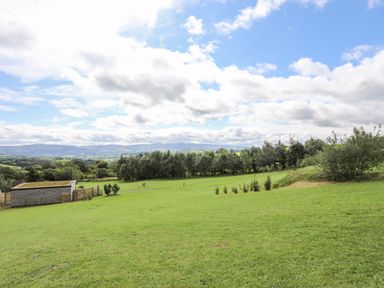 An open grassy field with scattered bushes and trees under a partly cloudy sky at Meadow Lodge in Maerdy near Corwen