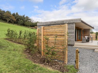 An outdoor area with a wooden fence a small shrub row a wooden building with outdoor chairs and green grass at Meadow Lodge in Maerdy near Corwen