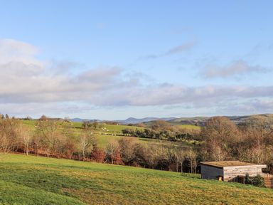 A green hilly landscape with trees a wooden shed and wind turbines at Meadow Lodge in Maerdy near Corwen