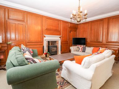 A living room with wood panel walls a green sofa a white sofa a fireplace a wooden coffee table and a chandelier at Enterprise House in Bury St Edmunds