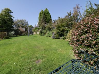 A garden with green grass flowering bushes and a metal bench at Crosscombe Barn in Loddiswell