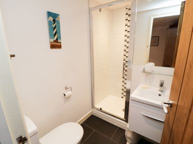 A bathroom with a toilet sink shower and a wall painting at Crosscombe Barn in Loddiswell