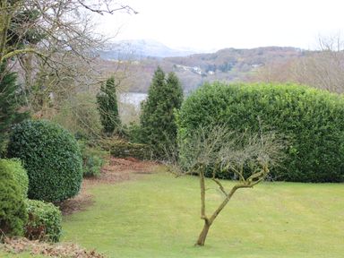 A garden with a small tree on grass and trimmed bushes with hills and trees in the background at Greenstyles in Bowness-On-Windermere