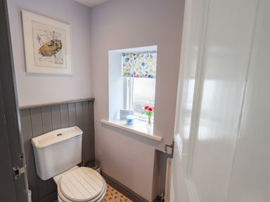 A small bathroom with a white toilet, a window with a floral blind, a framed picture on the wall, and a flower vase on the windowsill at Greenstyles in Bowness-On-Windermere