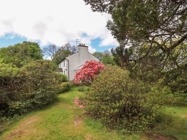 A garden with green bushes and a pink flowering bush beside a white house at Greenstyles in Bowness-On-Windermere