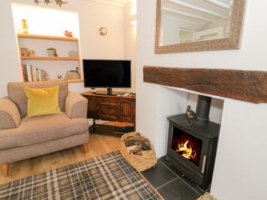 A living room with an armchair a television on a wooden cabinet a fireplace with a wood stove and a basket with firewood at Marlin Cottage in Conwy