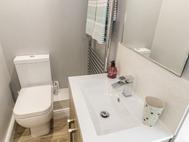 A bathroom with a toilet sink a mirror and a towel on a radiator at Marlin Cottage in Conwy