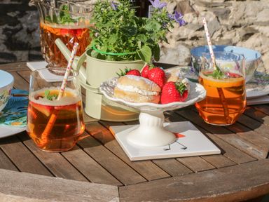 A wooden table with glasses of iced tea, a plate with scones and strawberries, a potted plant, and bowls at Marlin Cottage in Conwy