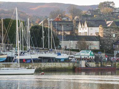 A harbor with boats docked and buildings in the background near hills and trees at Marlin Cottage in Conwy