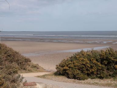 A sandy beach with shrubs and a path leading to the shore at Buck Place in The Bay - Filey