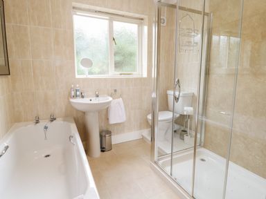 A bathroom with a bathtub sink toilet and glass shower at Hendre in Penybontfawr