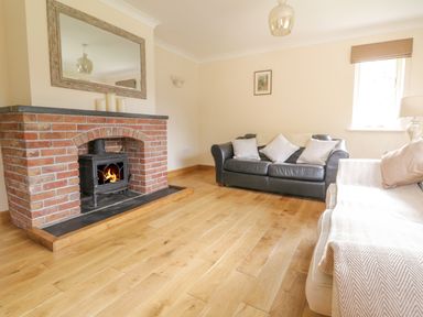 A living room with a brick fireplace leather sofa and fabric sofa at Hendre Penybontfawr