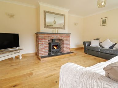 A living room with a brick fireplace TV on a stand and a leather sofa at Hendre in Penybontfawr